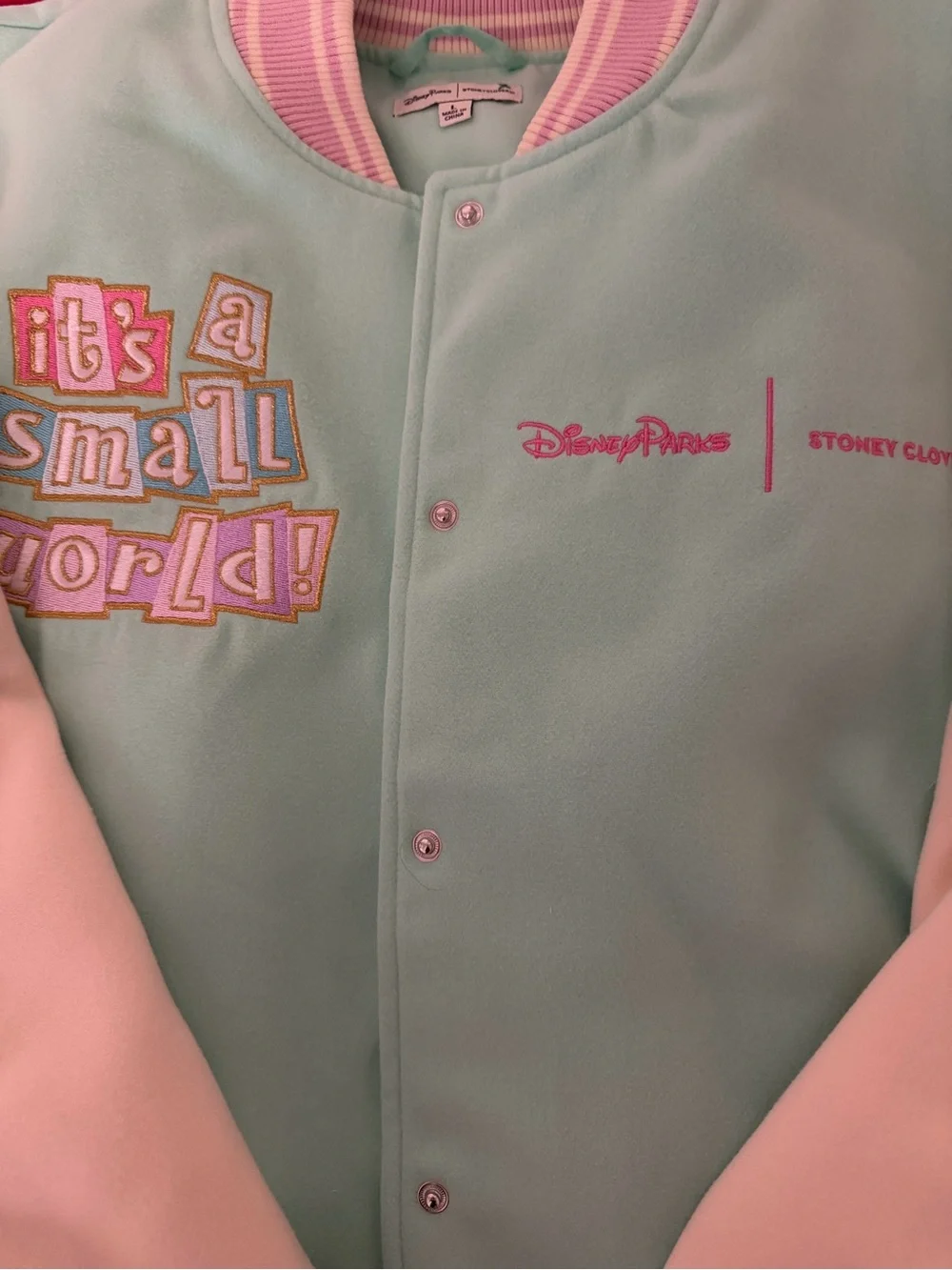 Disney "It's a Small World" x Stoney Clover Mint & Cream Varsity Jacket - Picture 4 of 6